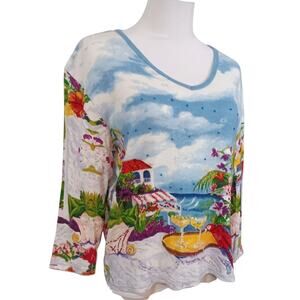 Vintage Art toWear Top Shirt Blouse M Beaded Colorful Tropical Party Floral Bird